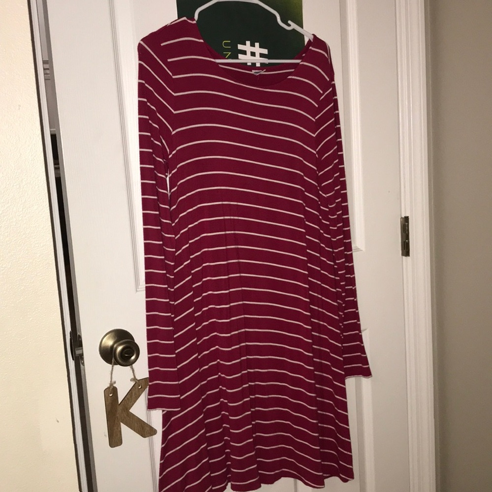 Old Navy Maroon Long Sleeve Striped T-Shirt Dress